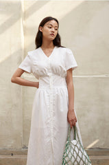 Linen Midi Dress with V-Neck, Button Front, and Cut-Out Back Detail