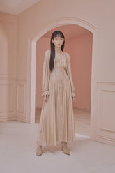 Julie Boat Neck Long Bishop Sleeves Lace Up Maxi Dress