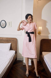 优雅亚麻棉质中长连衣裙,泡泡袖,腰带设计,轻松打造时尚风格