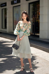 优雅褶皱欧根纱中长裙,透明下摆,飘逸廓形,适合女士