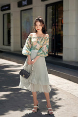Elegant Pleated Organza Midi Skirt with Sheer Hem and Flowing Silhouette for Women