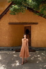 Halter Neck Sleeveless Pleated Midi Dress in Lightweight Organza Fabric