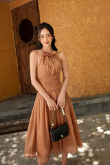 Halter Neck Sleeveless Pleated Midi Dress in Lightweight Organza Fabric