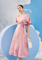 Off-Shoulder Silk Midi Dress with Waist Tie and Flutter Sleeves