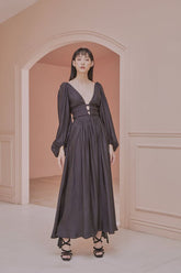 Jacquelyn Long Bishop Sleeves Low Back Plunge Neck Maxi Dress