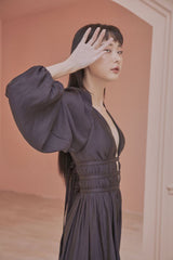 Jacquelyn Long Bishop Sleeves Low Back Plunge Neck Maxi Dress