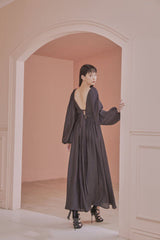 Jacquelyn Long Bishop Sleeves Low Back Plunge Neck Maxi Dress