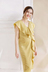 Silk V-Neck Midi Dress with Cascading Ruffle Detail