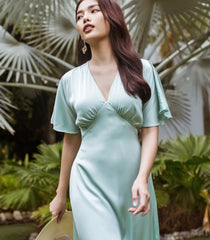 Silk Midi Dress with Flutter Sleeves and V-Neckline – Elegant Flowing A-Line Silhouette