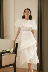 Ruffled Puff-Sleeve Chiffon Organza Blouse with Statement Shoulders and Gathered Hem
