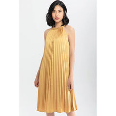 Silk Pleated Halter Midi Dress with High Neckline and Flowing A-Line Silhouette
