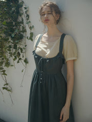 Ruffled Strap Linen Midi Dress with Button Front and Cross-Back Detail