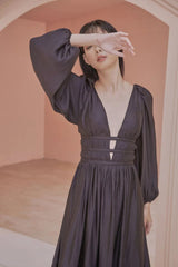 Jacquelyn Long Bishop Sleeves Low Back Plunge Neck Maxi Dress
