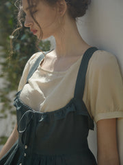 Ruffled Strap Linen Midi Dress with Button Front and Cross-Back Detail