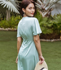 Silk Midi Dress with Flutter Sleeves and V-Neckline – Elegant Flowing A-Line Silhouette