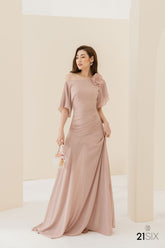 Off-Shoulder Draped Silk Gown with Floral Shoulder Accent