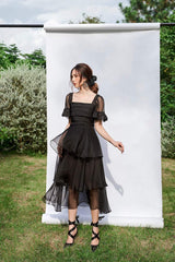 Audrey Square Neck Short Sleeves Layered Midi Dress