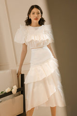 High-waisted ruffle tier chiffon organza skirt with voluminous layered silhouette