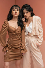 Silk Draped Mini Dress with Long Puff Sleeves and Sweetheart Neckline