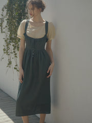 Ruffled Strap Linen Midi Dress with Button Front and Cross-Back Detail