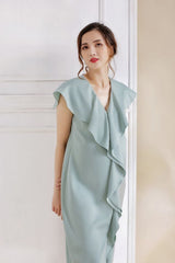 Silk Midi Dress with Sculpted Ruffle and V-Neck Silhouette