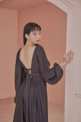 Jacquelyn Long Bishop Sleeves Low Back Plunge Neck Maxi Dress