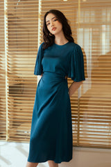 Silk Satin Midi Dress with Pleated Sleeves & Side Cutout Detail