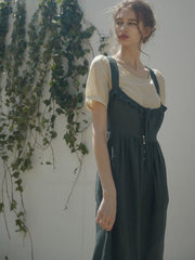 Ruffled Strap Linen Midi Dress with Button Front and Cross-Back Detail