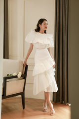 High-waisted ruffle tier chiffon organza skirt with voluminous layered silhouette