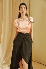 Silk Midi Skirt with Ruched Front Detail and Asymmetric Hemline for Effortless Elegance