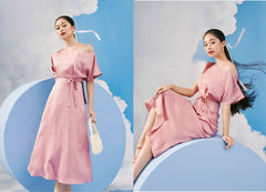 Off-Shoulder Silk Midi Dress with Waist Tie and Flutter Sleeves