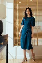 Silk Satin Midi Dress with Pleated Sleeves & Side Cutout Detail
