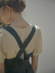 Ruffled Strap Linen Midi Dress with Button Front and Cross-Back Detail