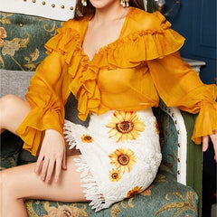 Ruffle Trim Organza Shirt with Flared Sleeves and Romantic Draping for Elegant Feminine Styling