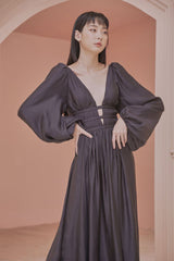 Jacquelyn Long Bishop Sleeves Low Back Plunge Neck Maxi Dress