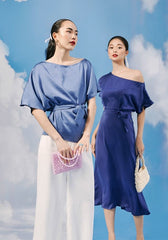 Silk Boatneck Top with Side Tie and Relaxed Draped Fit