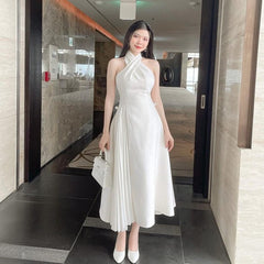 Halter Neck Pleated Midi Dress in Silk with Crossover Bodice and Pearl Detail