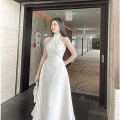 Halter Neck Pleated Midi Dress in Silk with Crossover Bodice and Pearl Detail