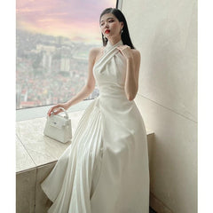 Halter Neck Pleated Midi Dress in Silk with Crossover Bodice and Pearl Detail