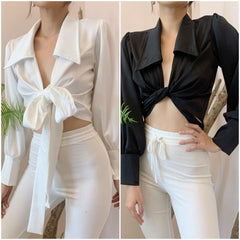 Chemisier en soie avec col exagéré, détail de cravate sur le devant et manches longues bouffantes avec poignets larges