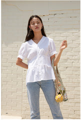 V-Neck Linen Blouse with Puff Sleeves and Peplum Waist Detail