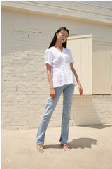 V-Neck Linen Blouse with Puff Sleeves and Peplum Waist Detail