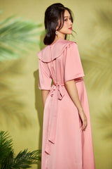 Pleated Silk Midi Dress with Peter Pan Collar and Waist Tie