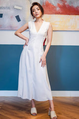 Sleeveless V-Neck Midi Dress in Flowing Silk with Flared Hem and Tailored Seams