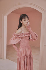 Leigh Bardot Puff Sleeve Shirred Tiered Maxi Dress