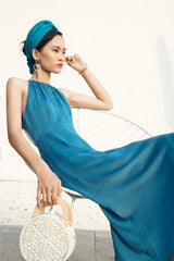 Halter Neck Silk Midi Dress with Flowing A-Line Silhouette