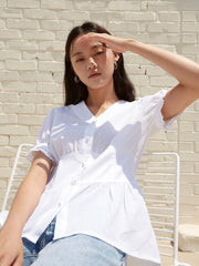 V-Neck Linen Blouse with Puff Sleeves and Peplum Waist Detail