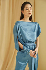 Silk Drape Blouse with Open Sleeve Detail and Waist Tie for Effortless Modern Elegance