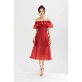 Silk Organza Off-Shoulder Midi Dress with Ruffled Neckline and Flared Sheer Hem