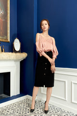 Pencil Skirt with Pearl Button Detailing and Mid-Length Cut